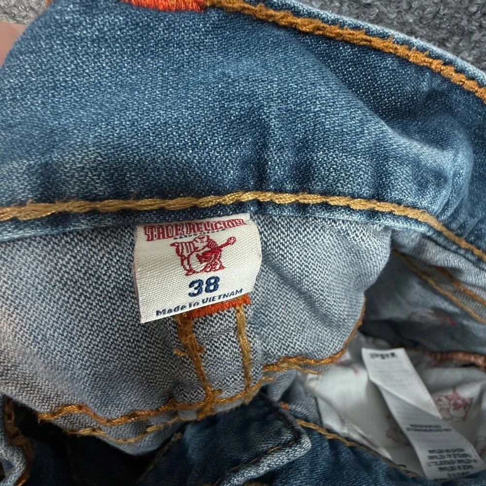 True Religion Slim Jeans Mens 38 Blue Contrast Stitch Horseshoe Denim Casual